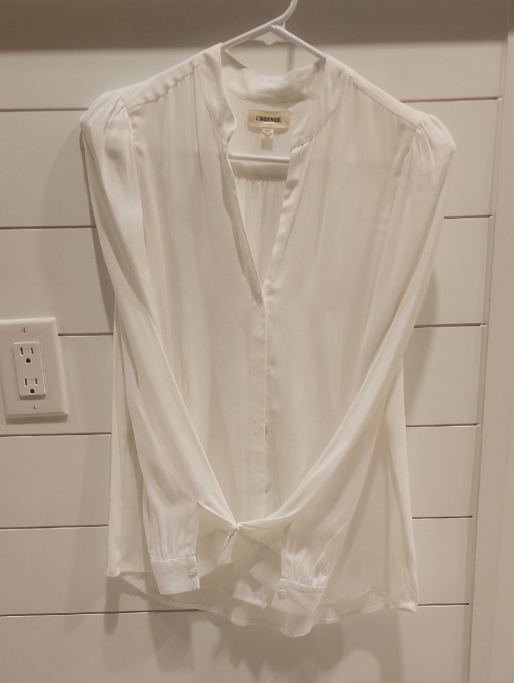 L'AGENCE White Placket Front Silk-Blend Button Down